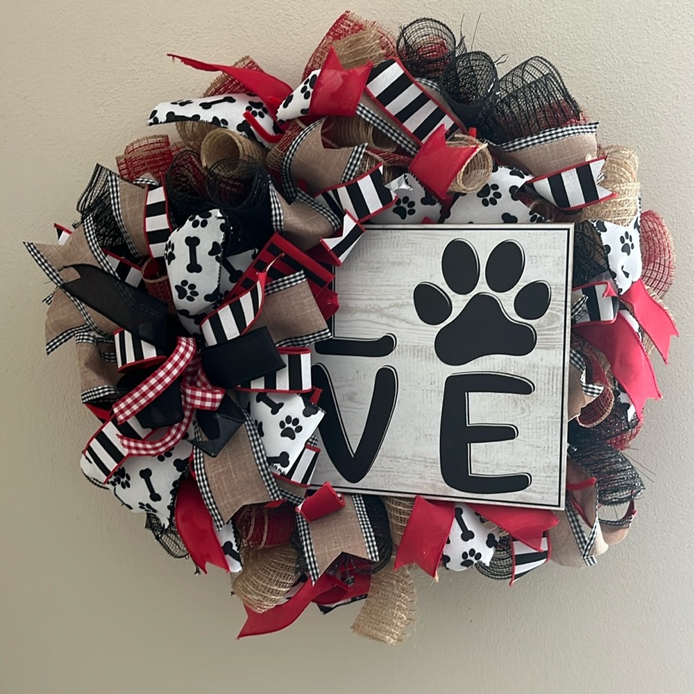 LOVE paw print wreath - burlap, red, black, and white